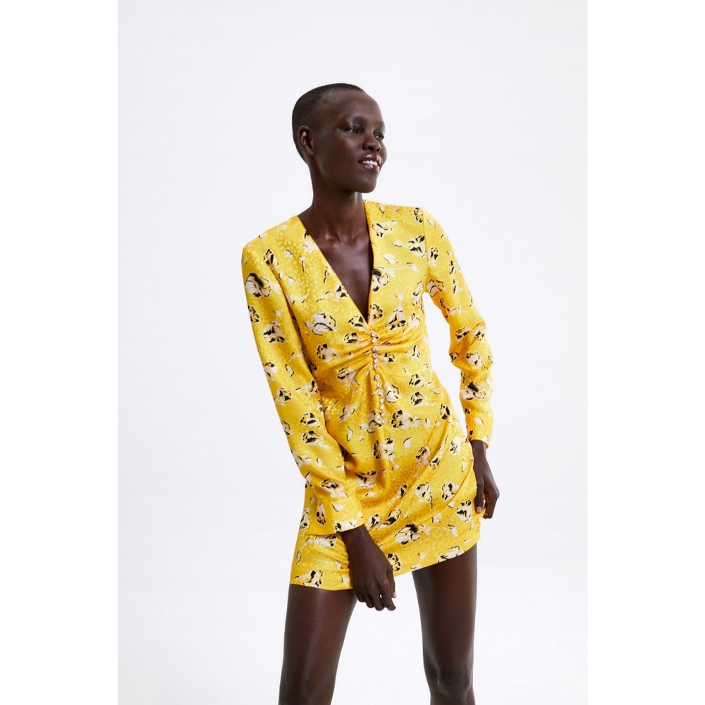 Zara Long Sleeve Yellow Floral Mini Dress Size L